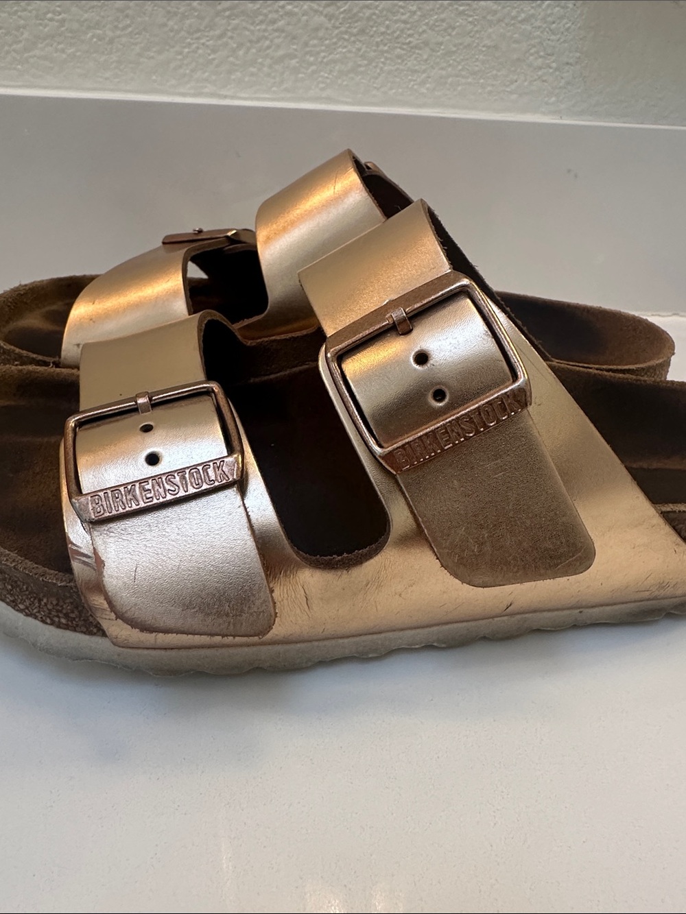 Metallic Gold Birkenstock Double-Buckle Slide Sandals - Picture 5 of 9